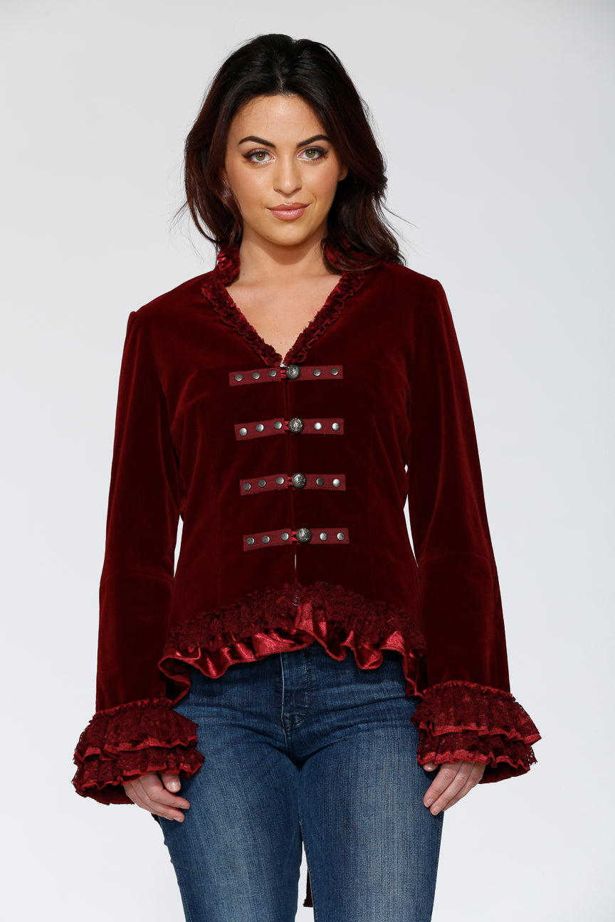 30101 Burgundy Gloria Velvet Tailed Jacket
