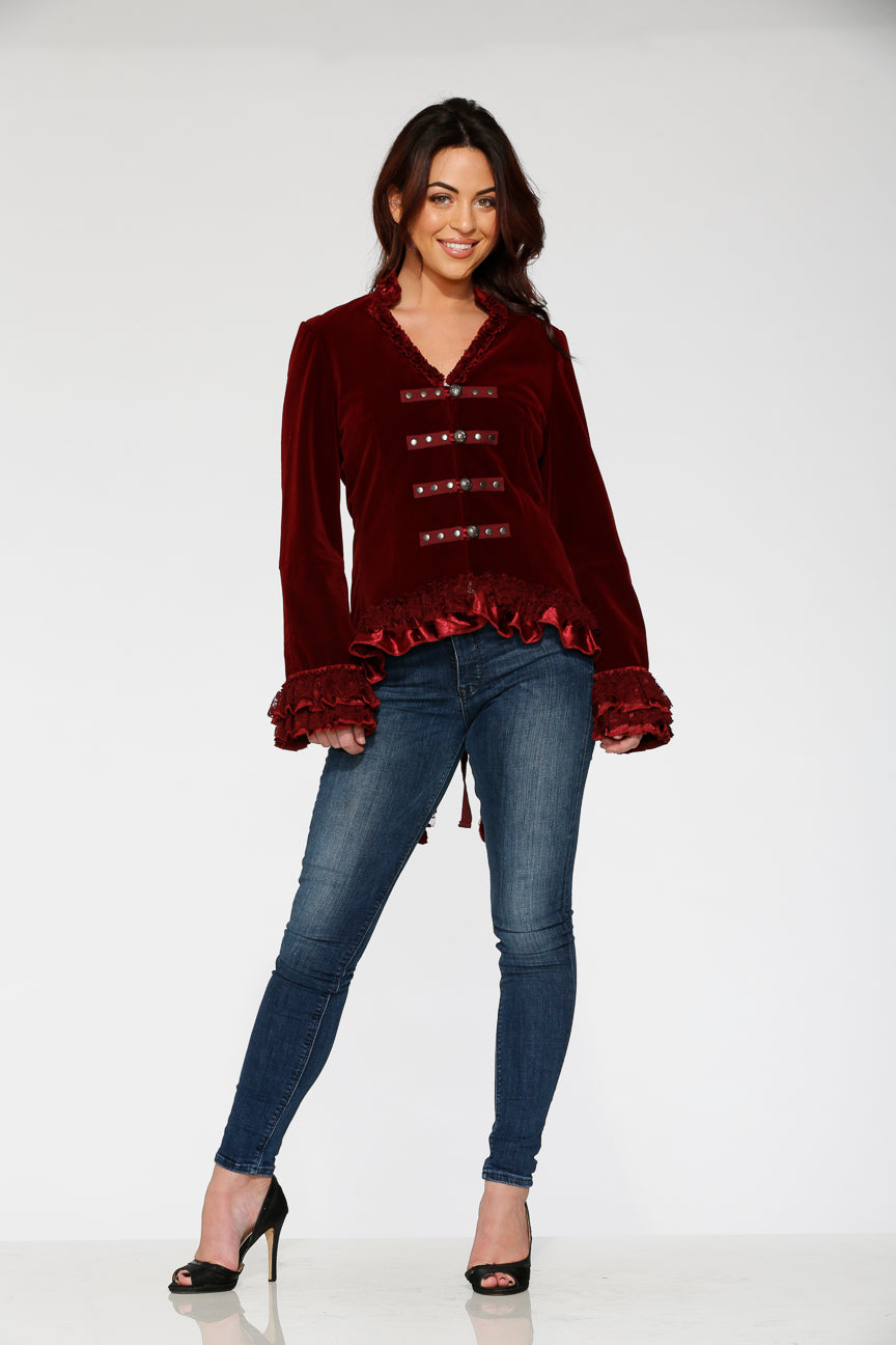 30101 Burgundy Gloria Velvet Tailed Jacket