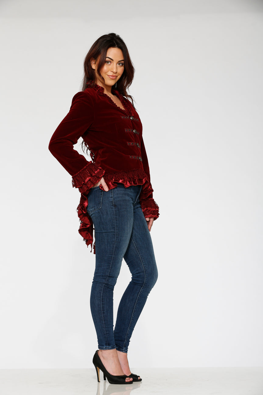 30101 Burgundy Gloria Velvet Tailed Jacket
