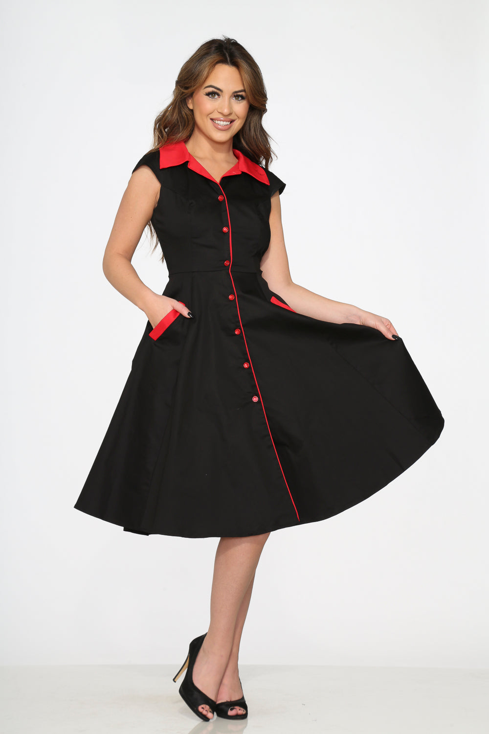3310 Black Red Trim Swing Dress