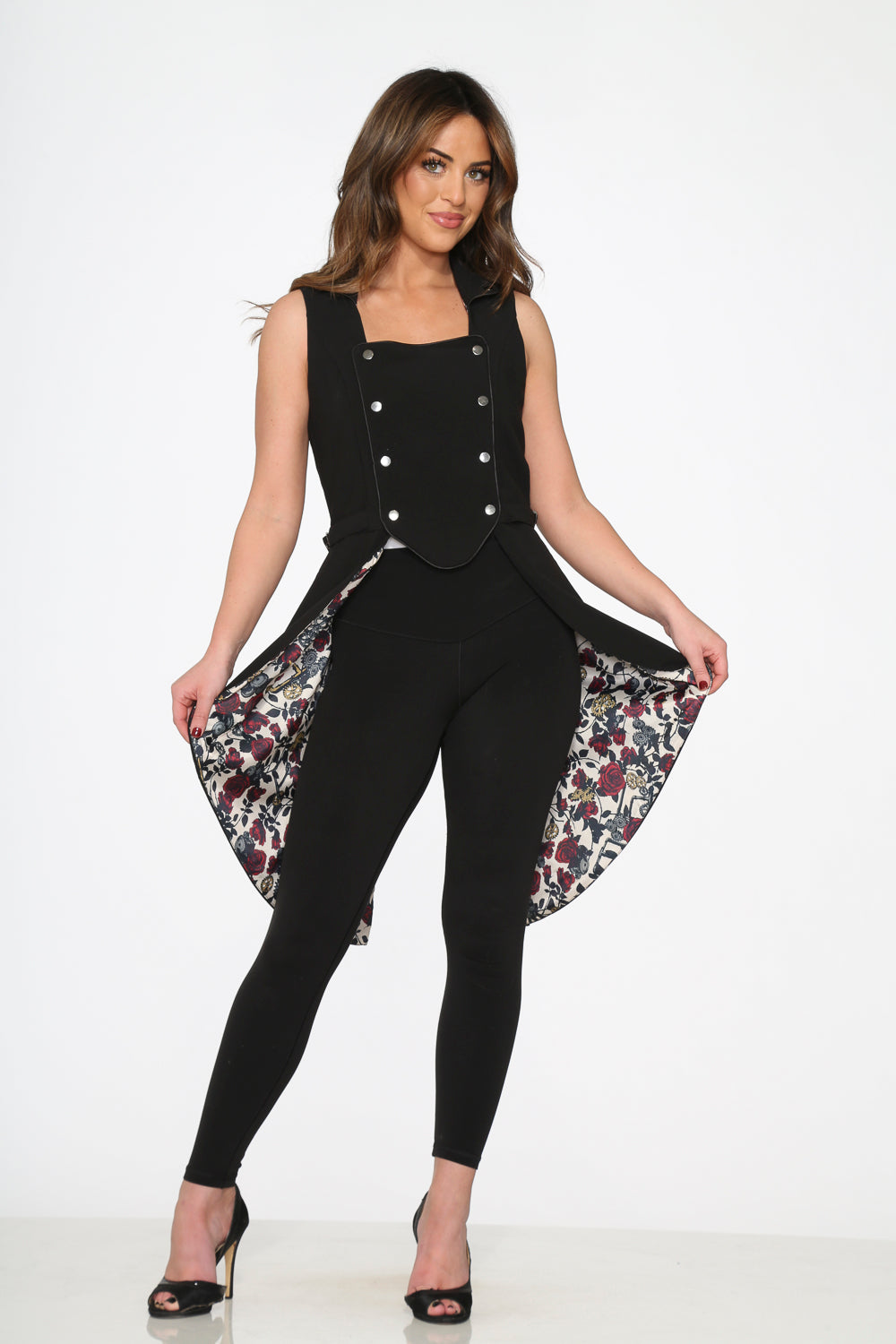 34020 Black Floral Vest Back Split