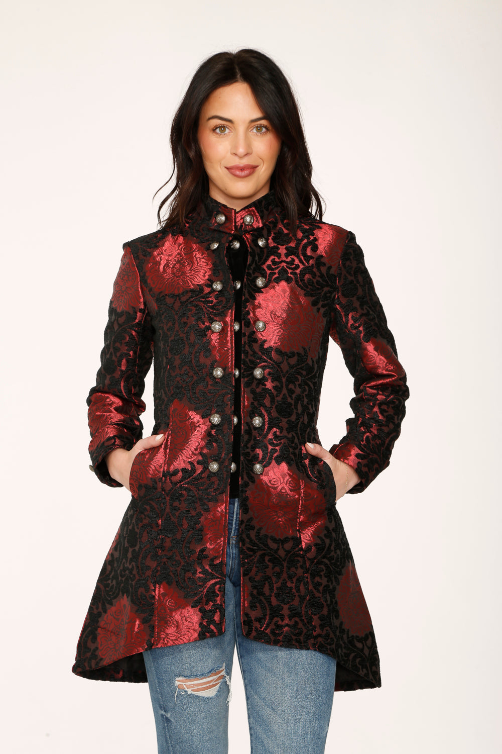 34640 Red Brocade HiLo Coat