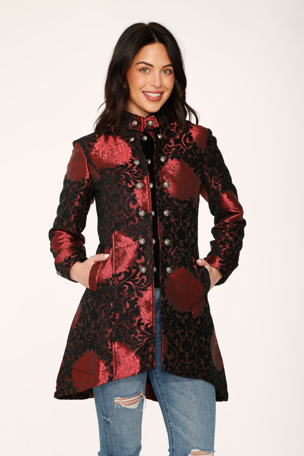34640 Red Brocade HiLo Coat