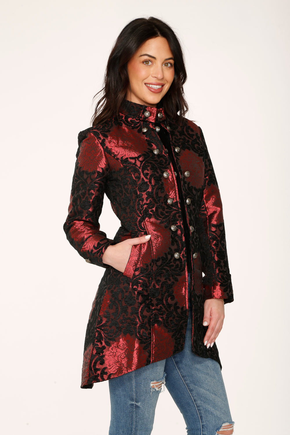 34640 Red Brocade HiLo Coat