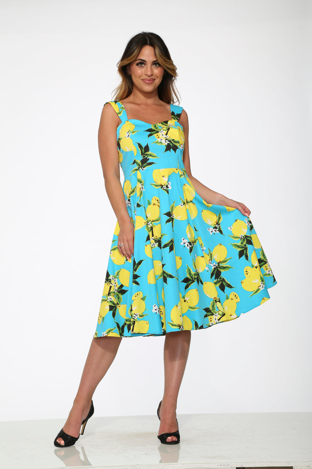 3558 Aqua Blue with Lemon Print Swing Dress