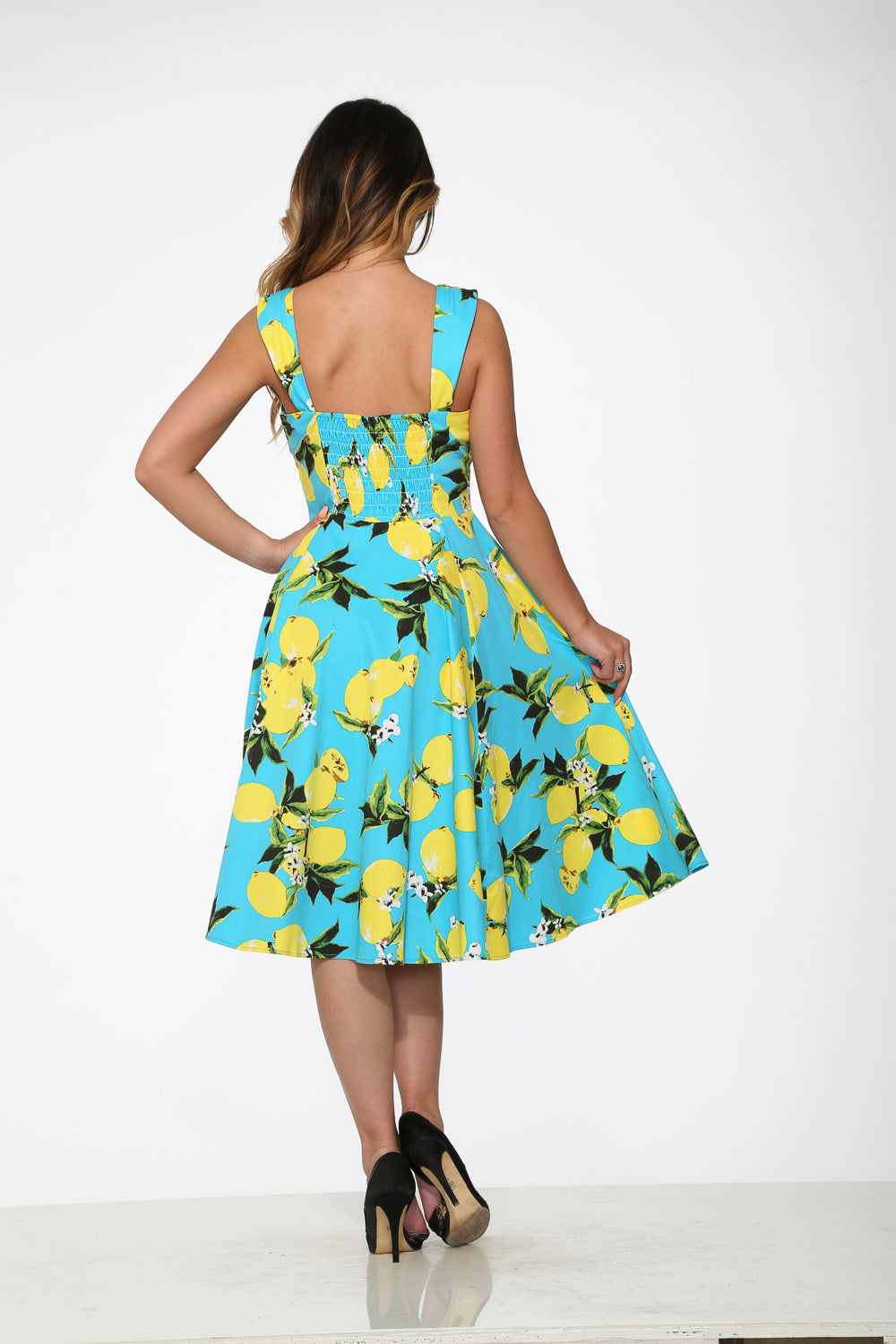 3558 Aqua Blue with Lemon Print Swing Dress