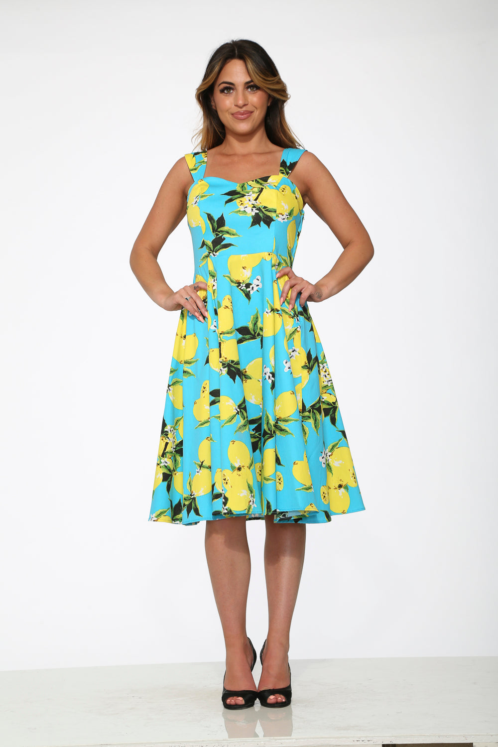 3558 Aqua Blue with Lemon Print Swing Dress