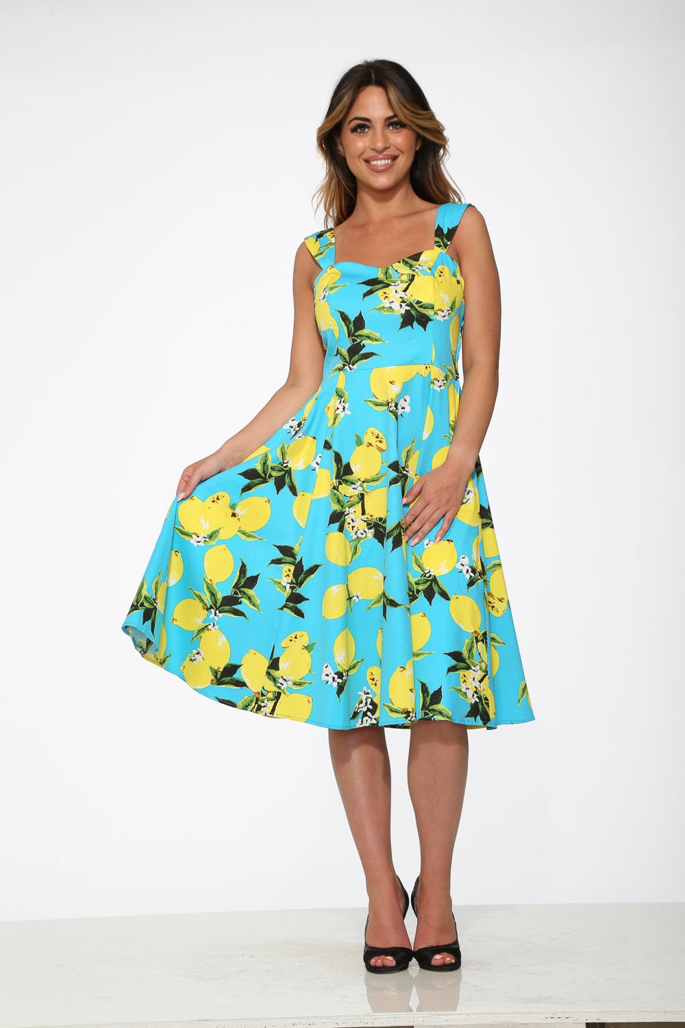 3558 Aqua Blue with Lemon Print Swing Dress