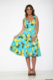 3558 Aqua Blue with Lemon Print Swing Dress