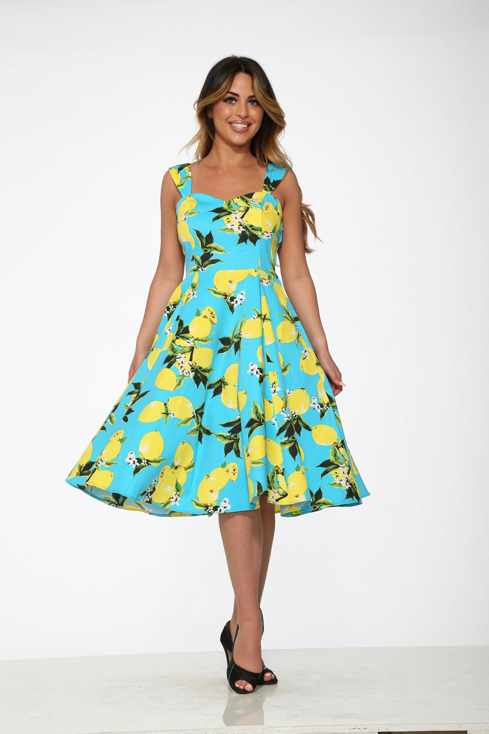 3558 Aqua Blue with Lemon Print Swing Dress