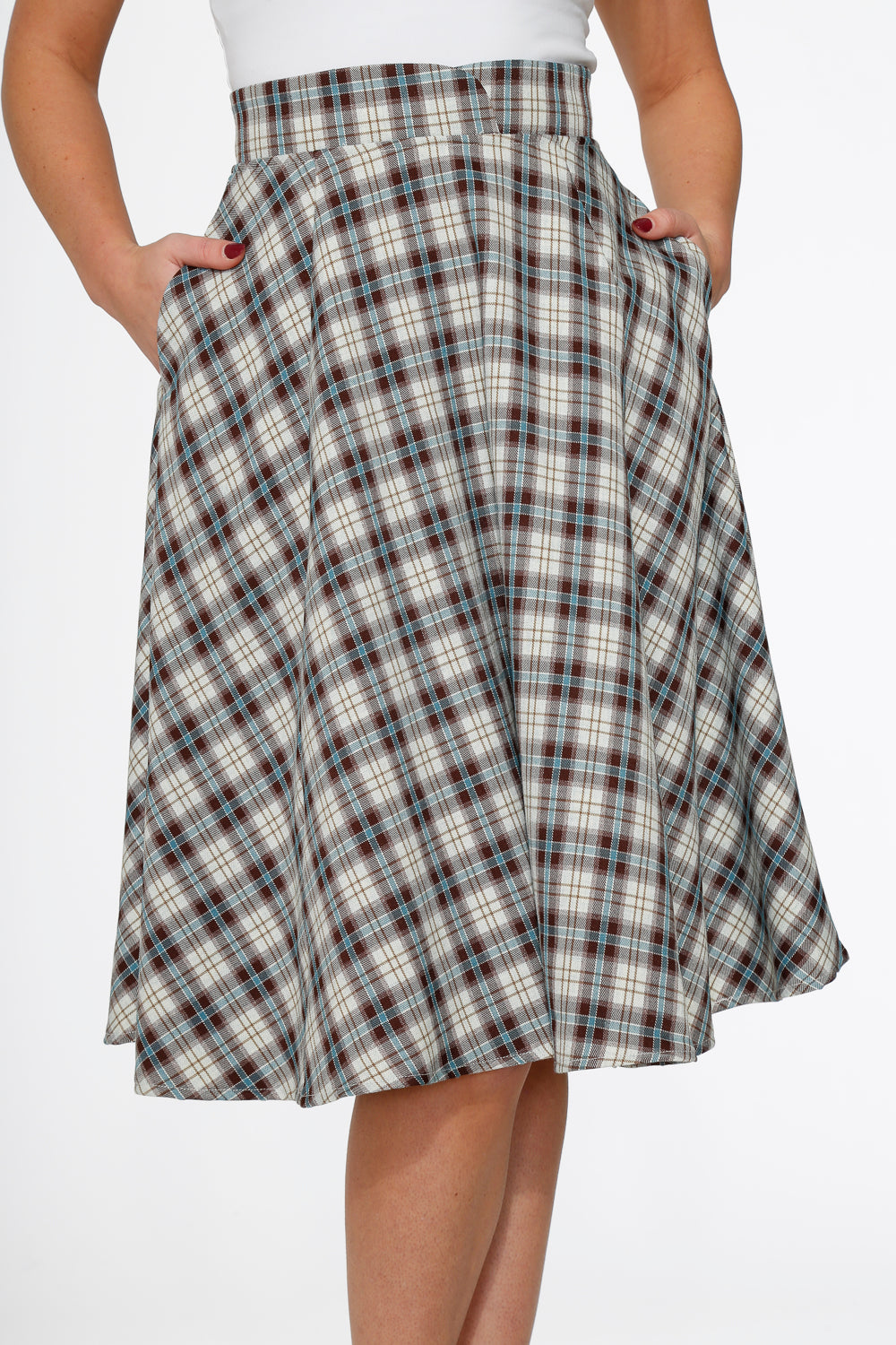 49281 White Brown Plaid Swing Skirt