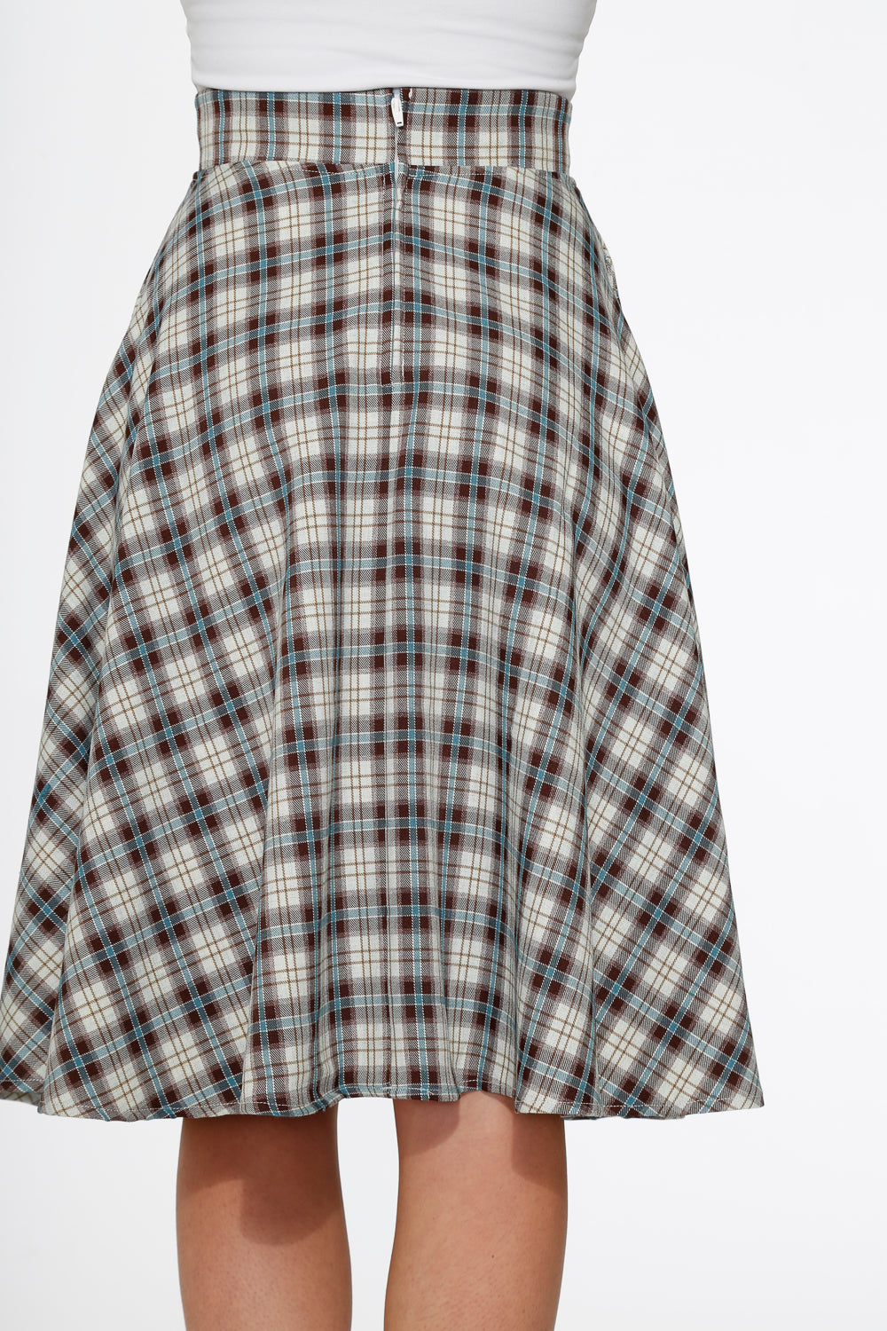49281 White Brown Plaid Swing Skirt