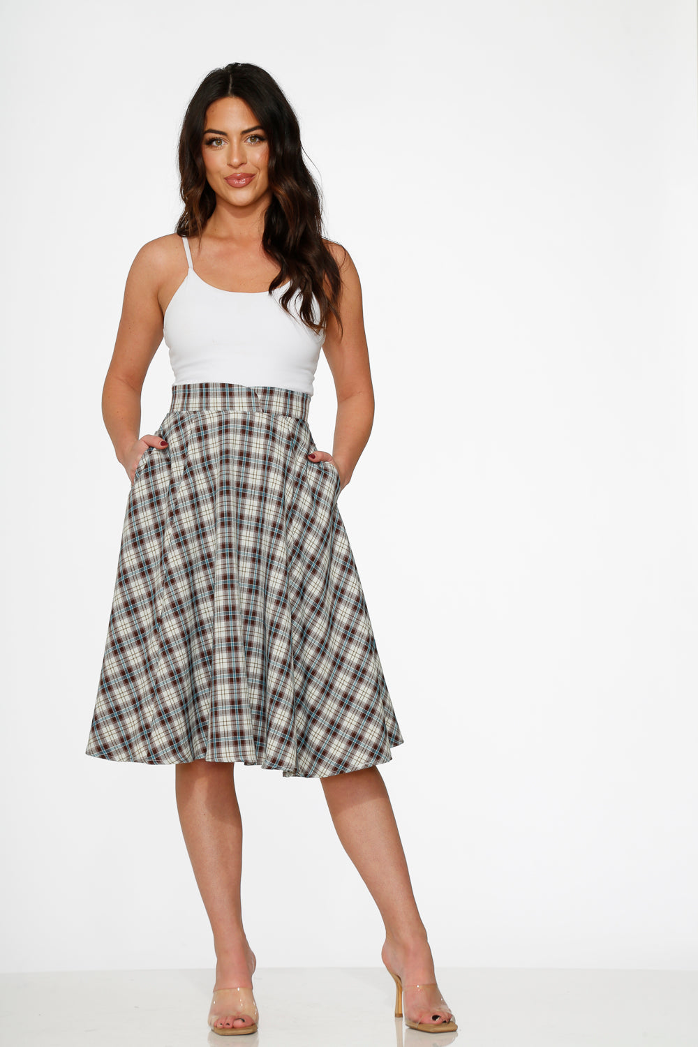 49281 White Brown Plaid Swing Skirt