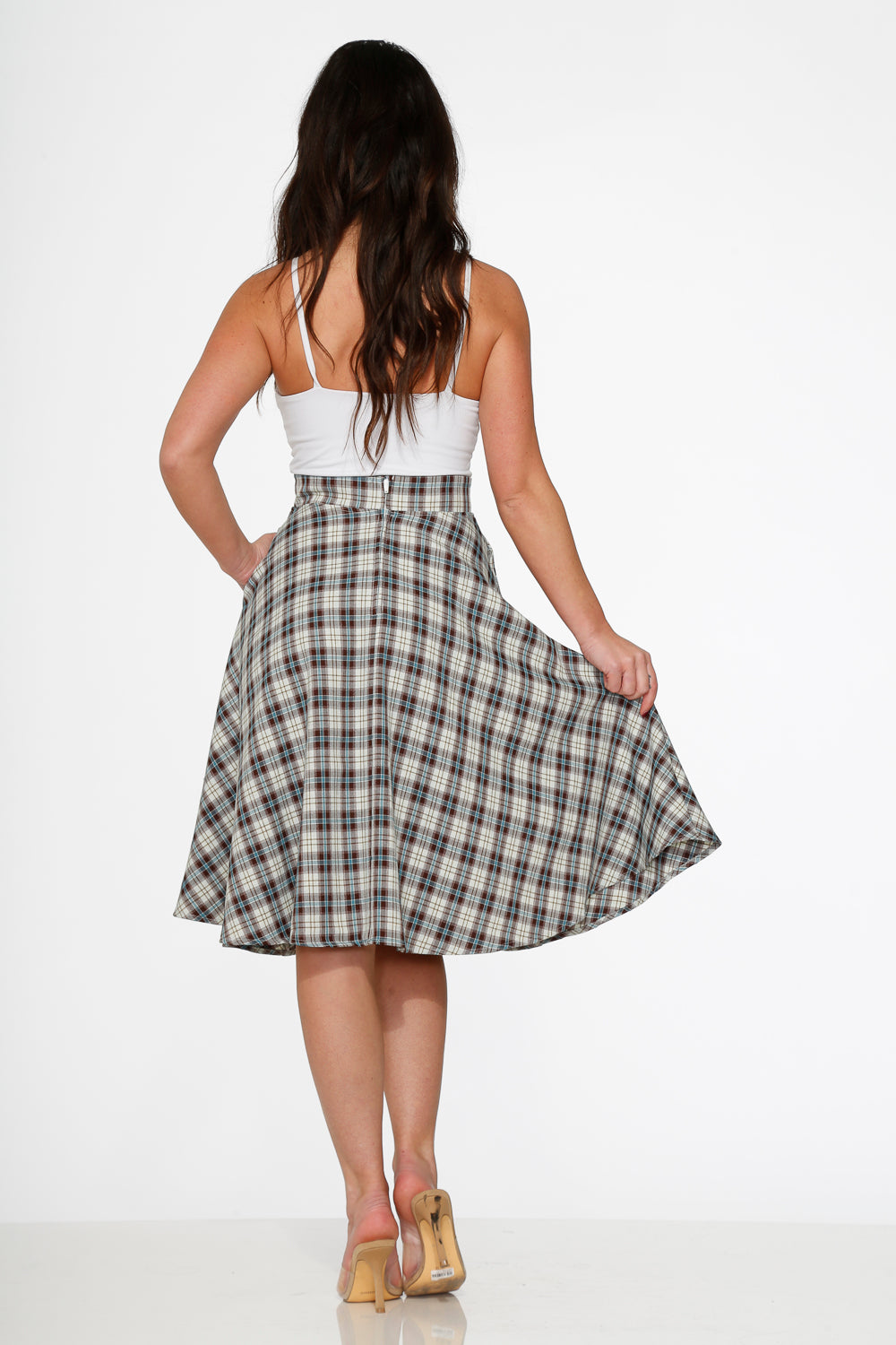 49281 White Brown Plaid Swing Skirt