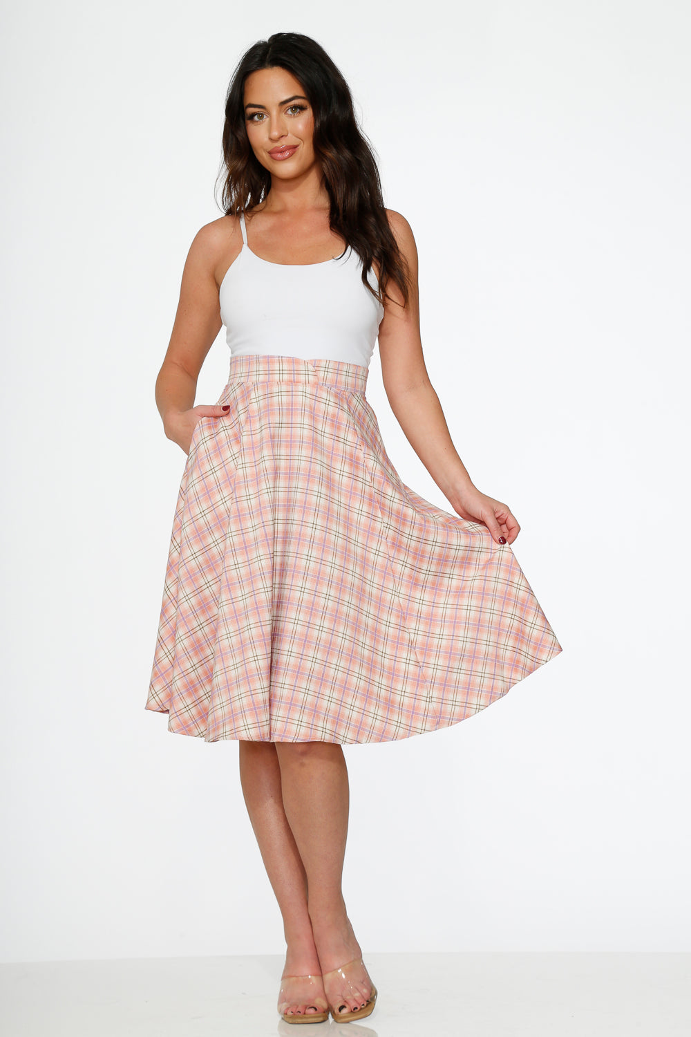 49283 Pink Plaid Swing Skirt