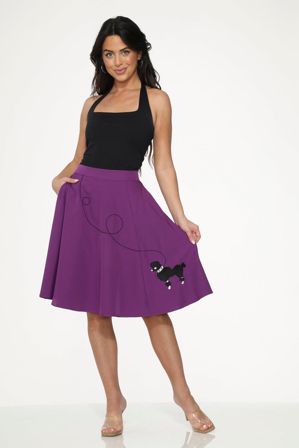 49373 Purple Black Embroidered Poodle Swing Skirt
