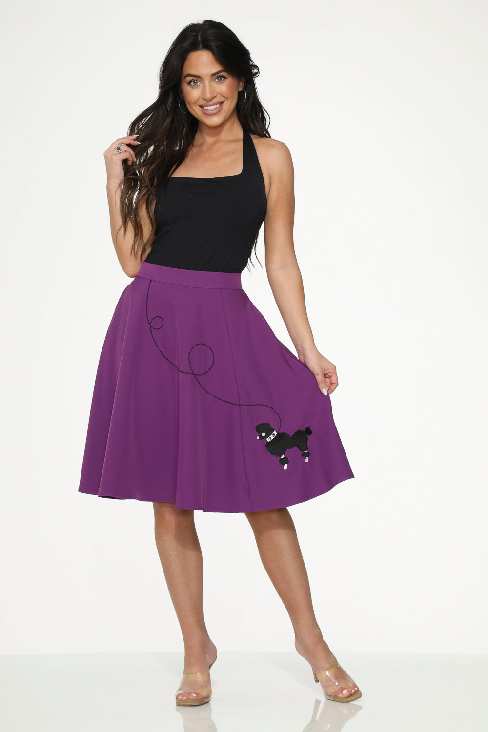 49373 Purple Black Embroidered Poodle Swing Skirt
