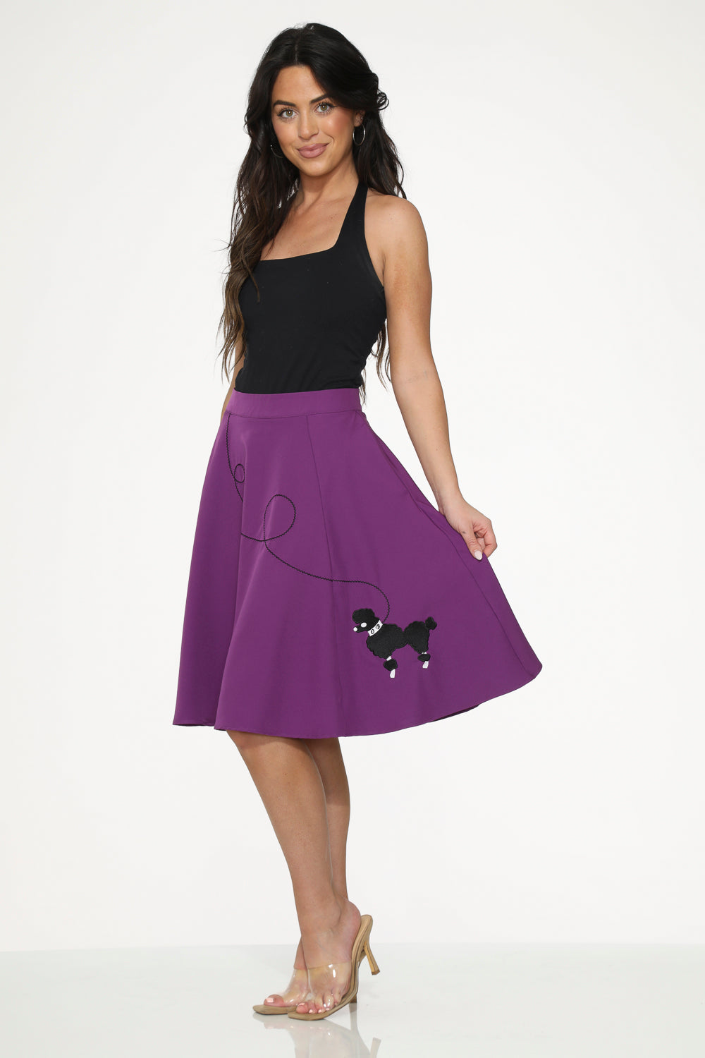 49373 Purple Black Embroidered Poodle Swing Skirt