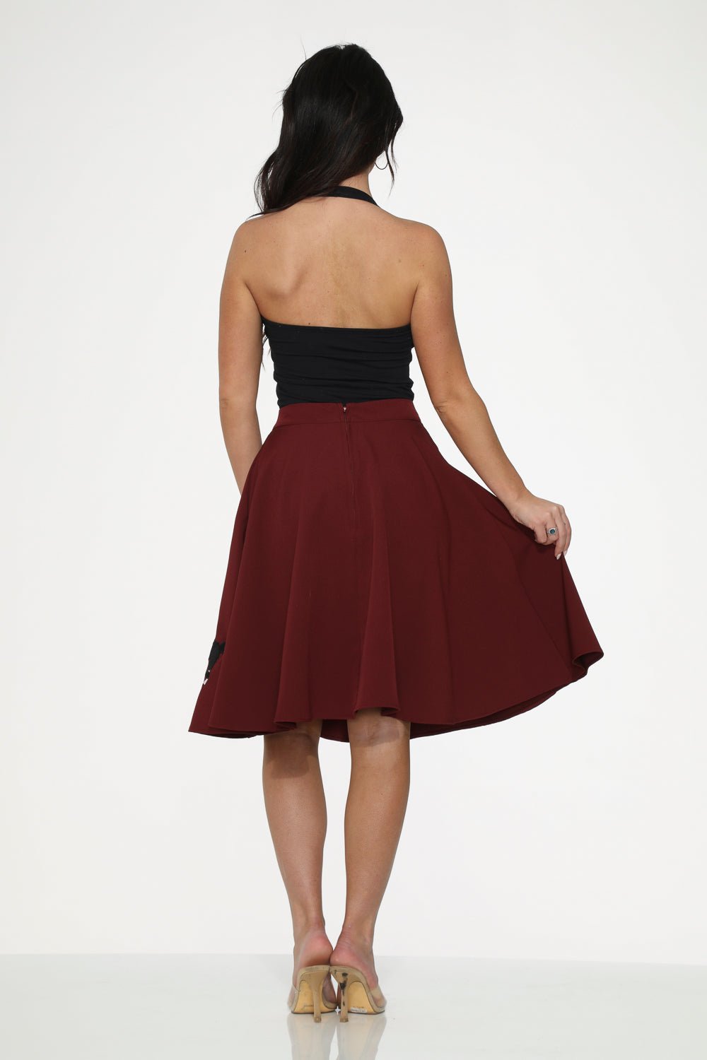 49375 Burgundy Black Embroidered Poodle Swing Skirt