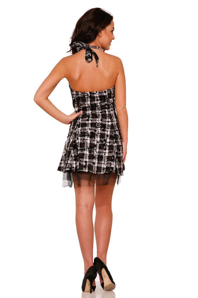 6733 Black White Tartan Mini Dress