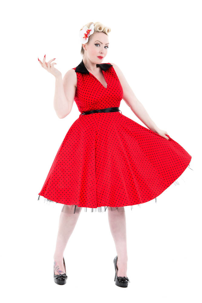 6875 Red Black Polka Dot Swing Dress