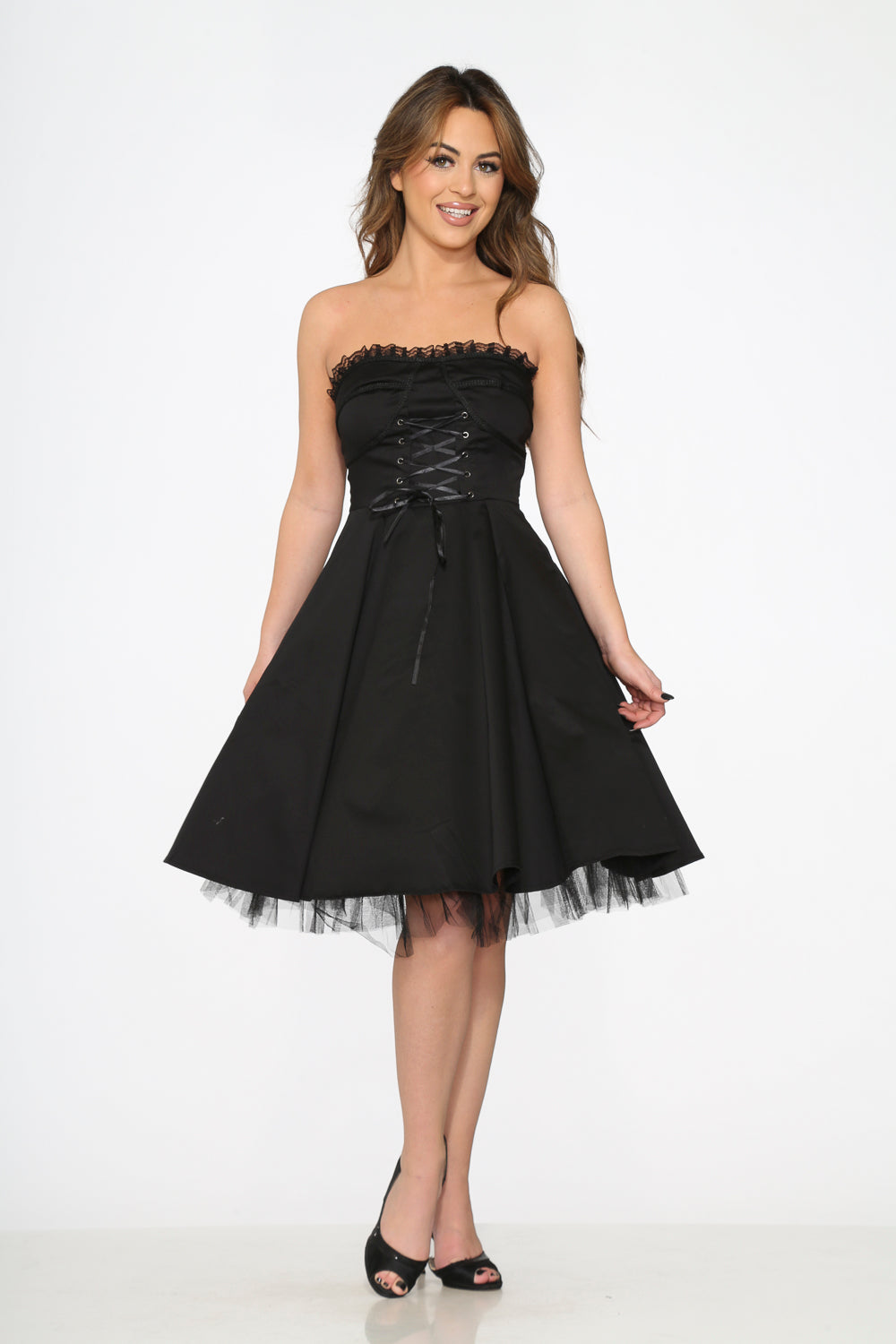 9388 Black Strapless Swing Dress