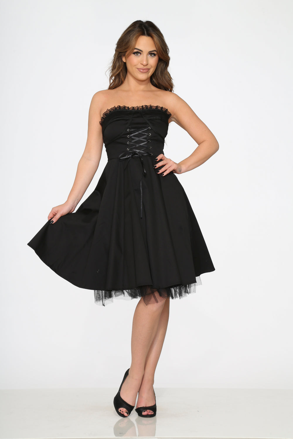 9388 Black Strapless Swing Dress