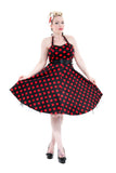 0211 Minnie Halter Dress in Black with Red Dots