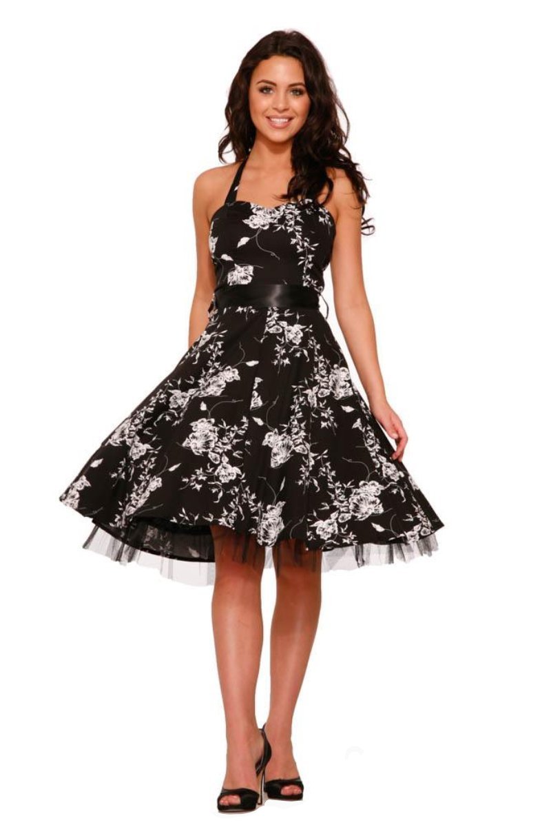 0211 Graphite Flower Halter Dress in Black