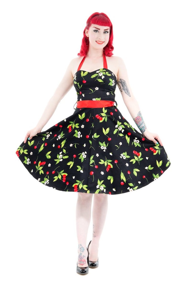 0516 Cherry Blossom Halter Swing Dress in Black
