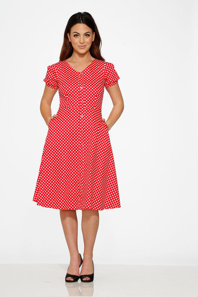 red polka dot white dress Tova | Dresses and more. Dolly Dotty Swing Dress in