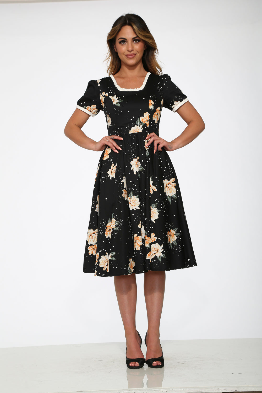 20410 Black With Orange Floral Dress