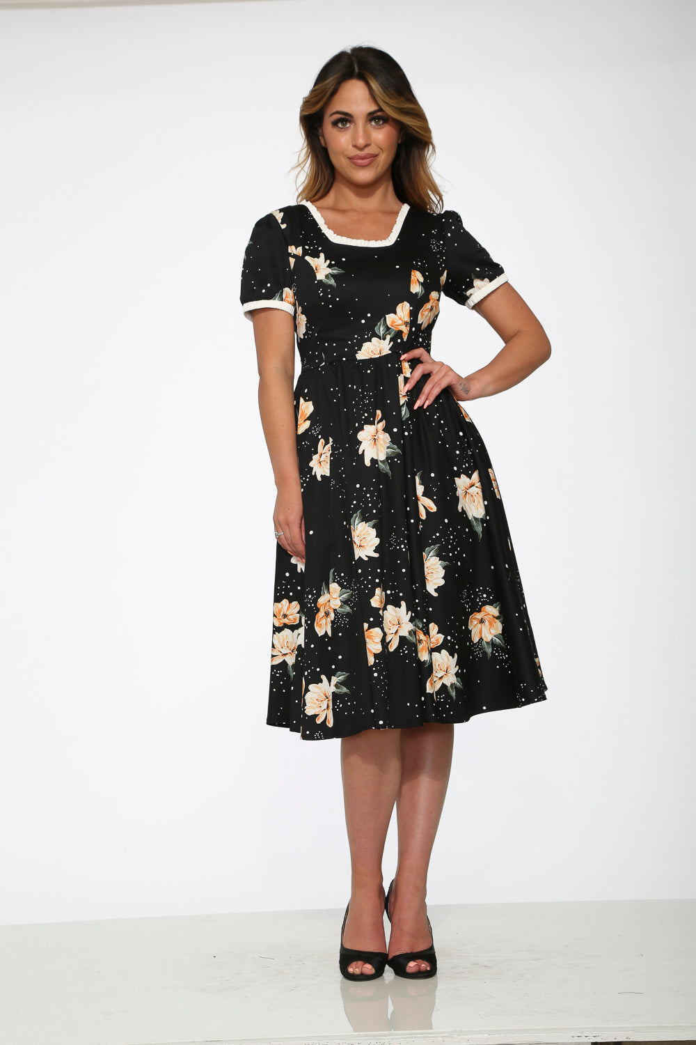 20410 Black With Orange Floral Dress