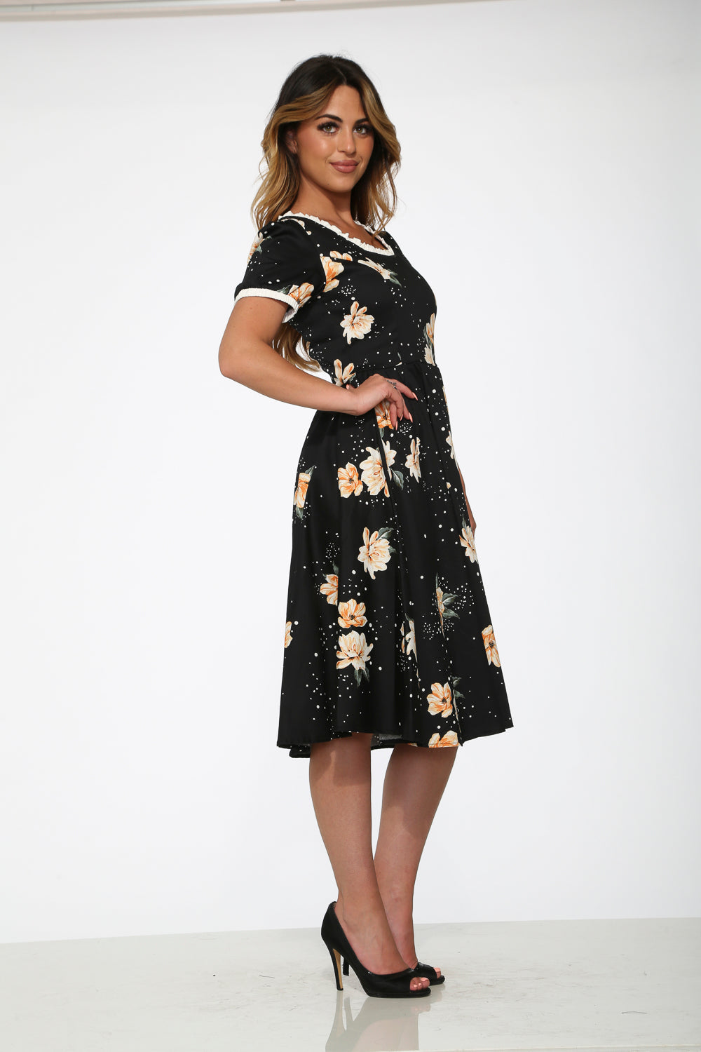 20410 Black With Orange Floral Dress US 6 20410 Black With Orange Floral Dress US 6