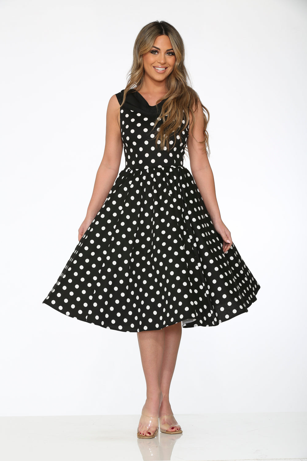 20430 Black White Polka Dot Swing Dress