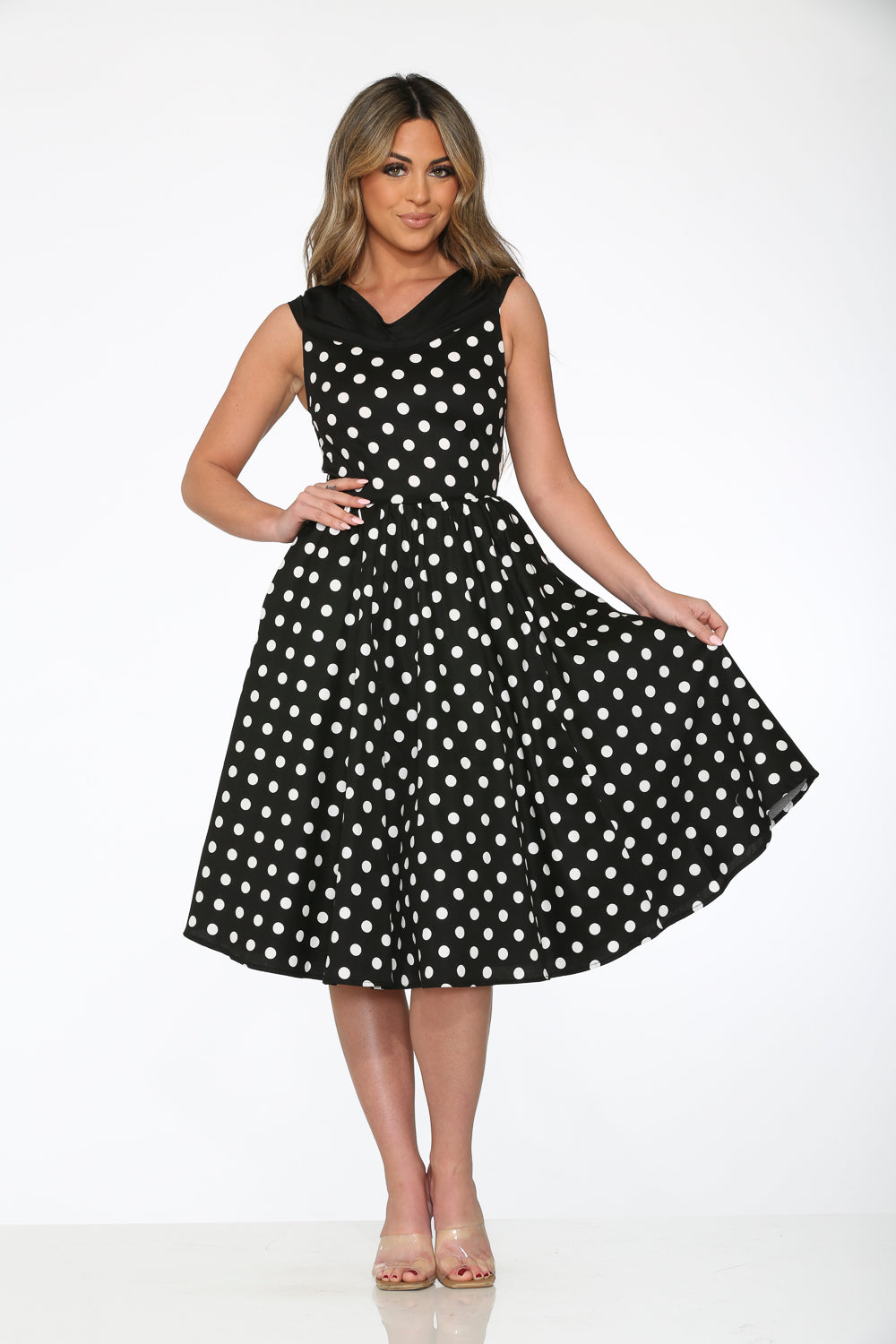20430 Black White Polka Dot Swing Dress