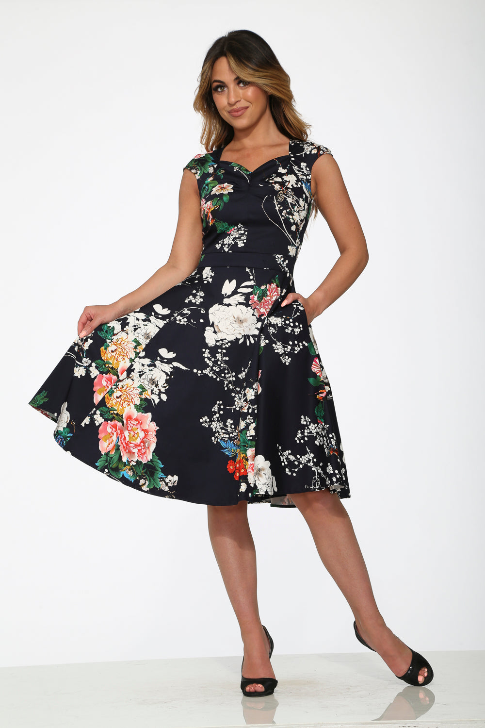 20840 Navy Pink Floral Swing Dress