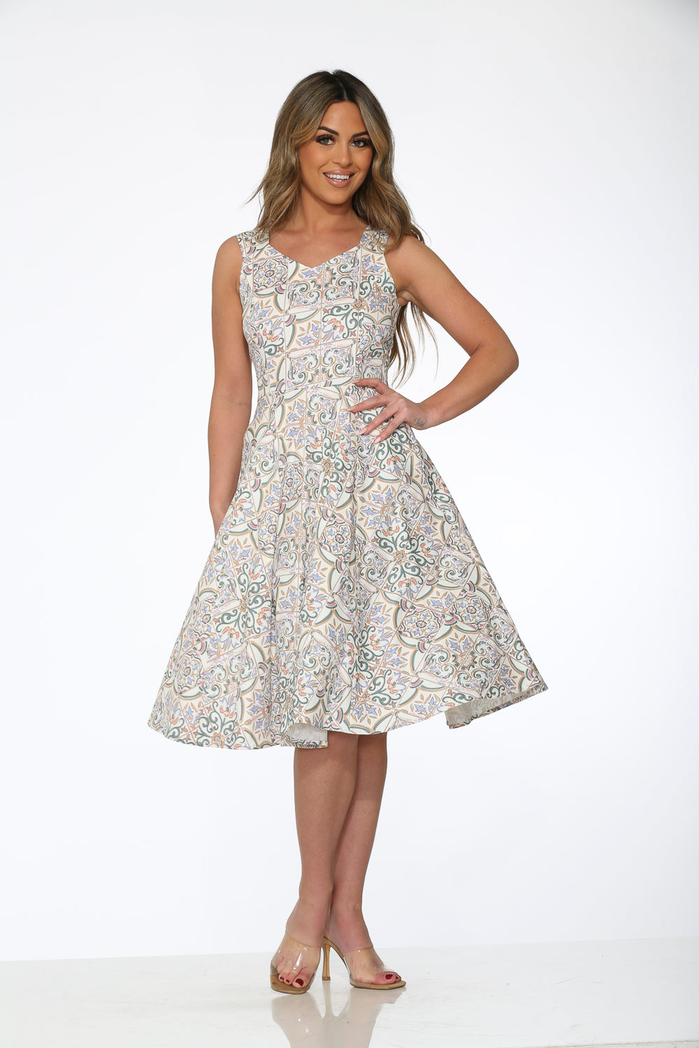 20930 White Purple Floral Swing Dress