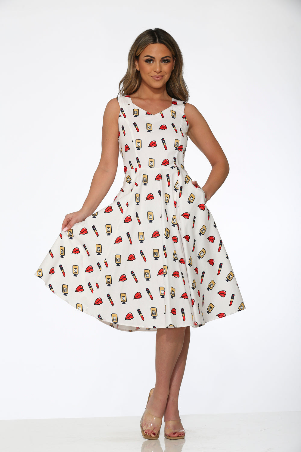 20932 White Red Lipstick Swing Dress