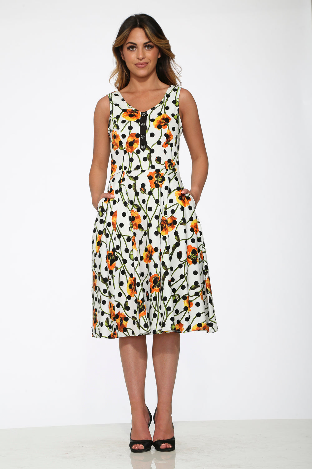 20940 White Black Polka Dot Swing Dress