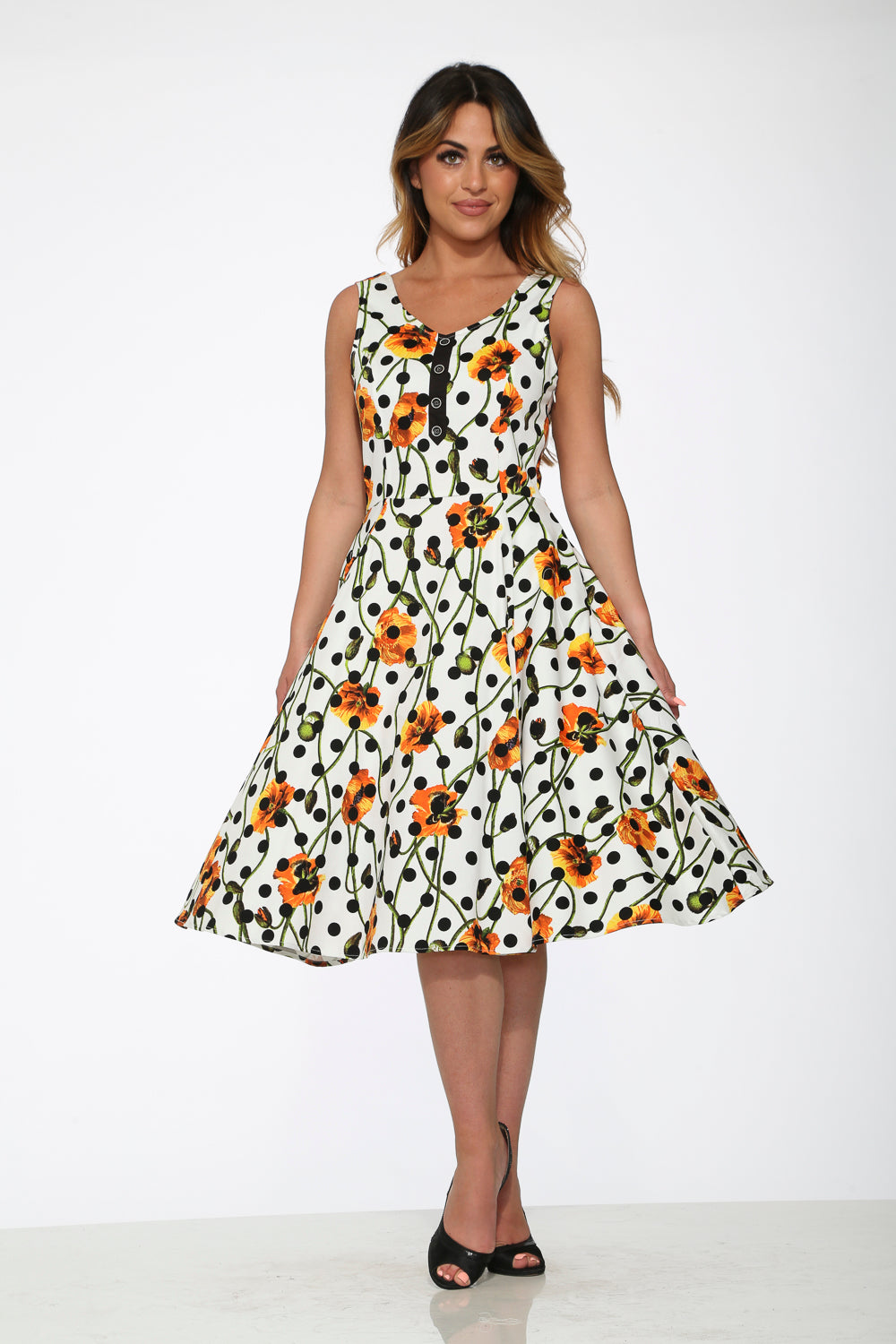 20940 White Black Polka Dot Swing Dress