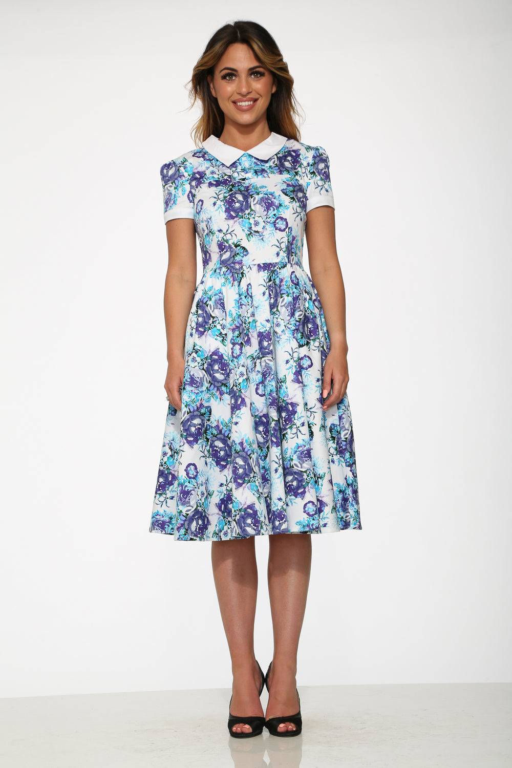 21100 White Blue Floral Swing Dress
