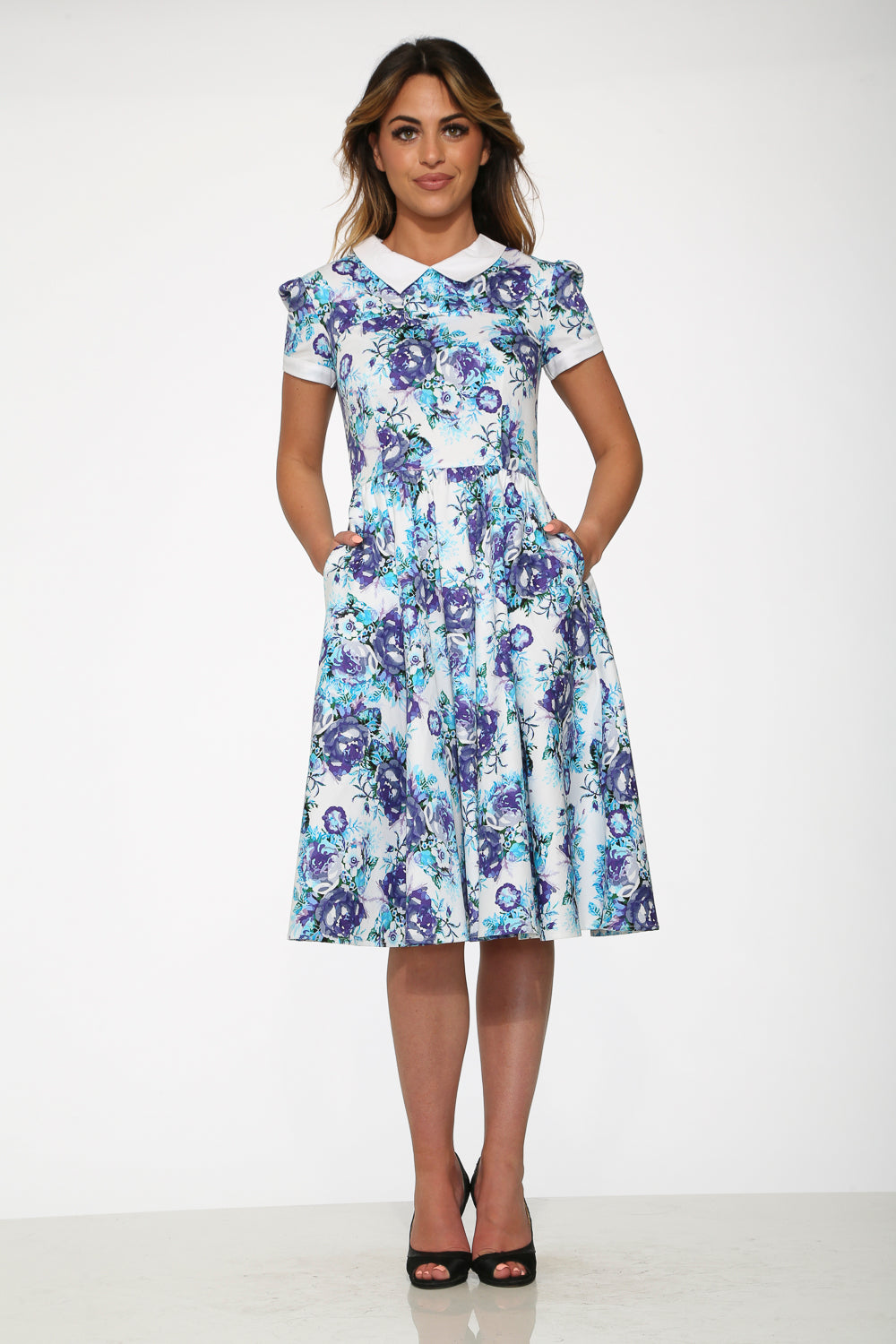21100 White Blue Floral Swing Dress