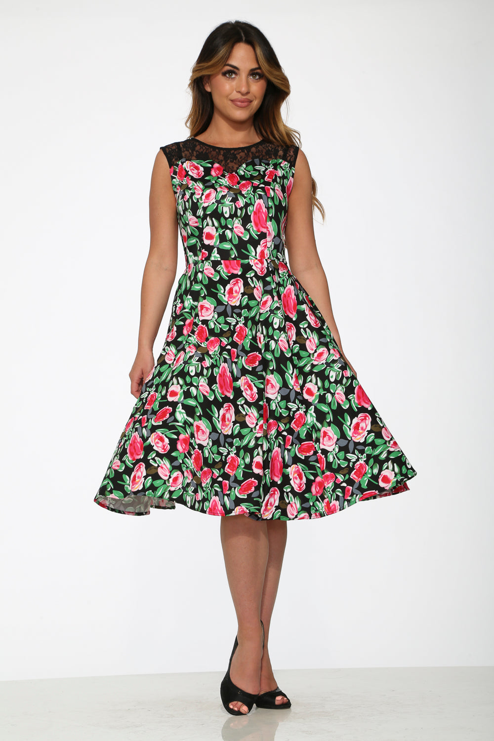 21150 Black Floral Swing Dress