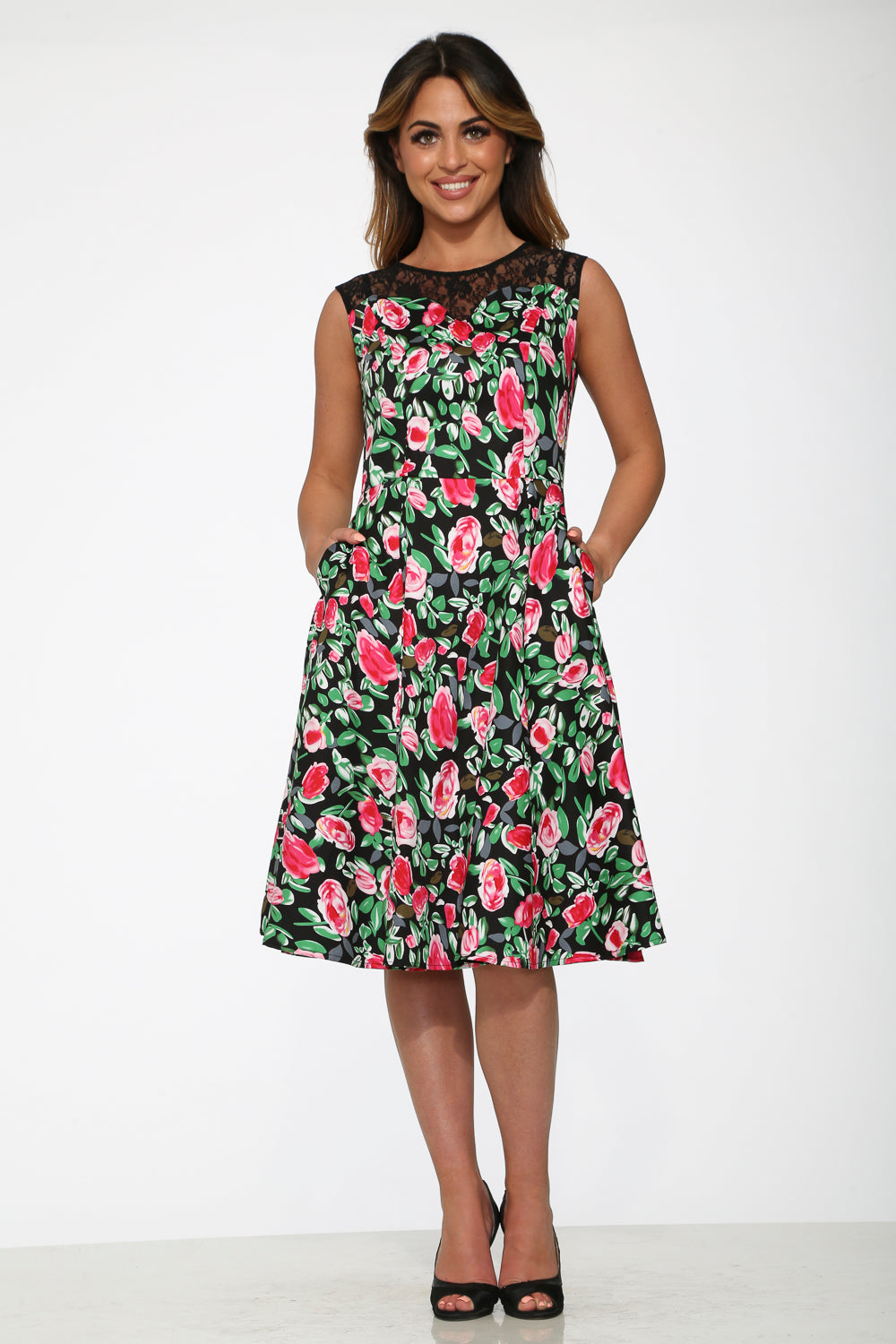 21150 Black Floral Swing Dress