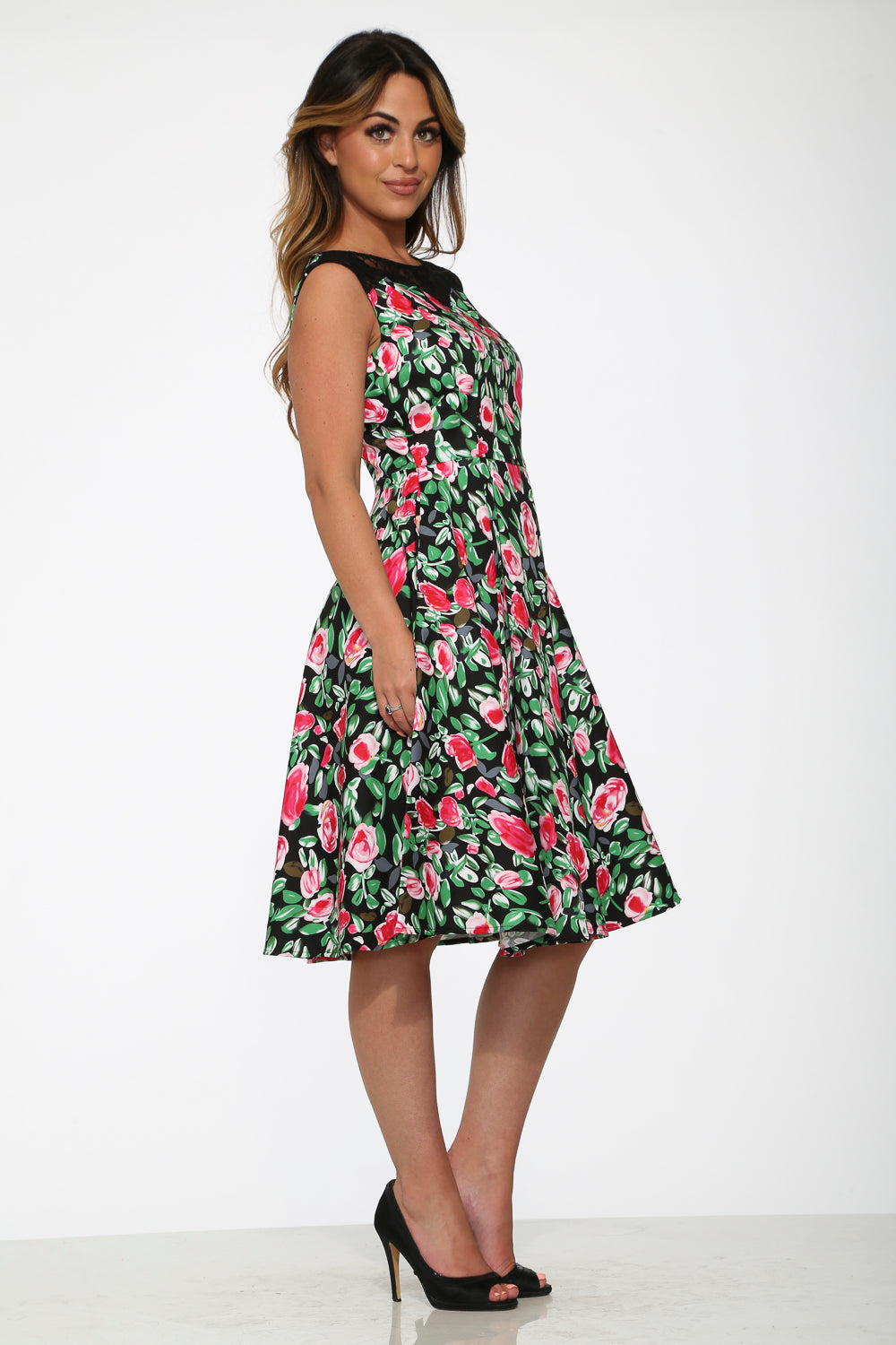 21150 Black Floral Swing Dress