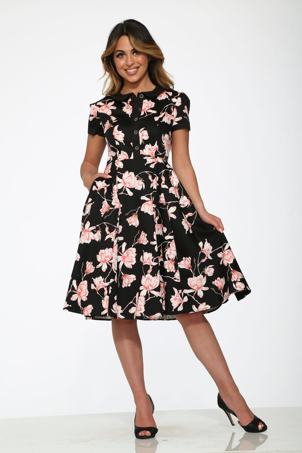 21160 Black Pink Floral Swing Dress