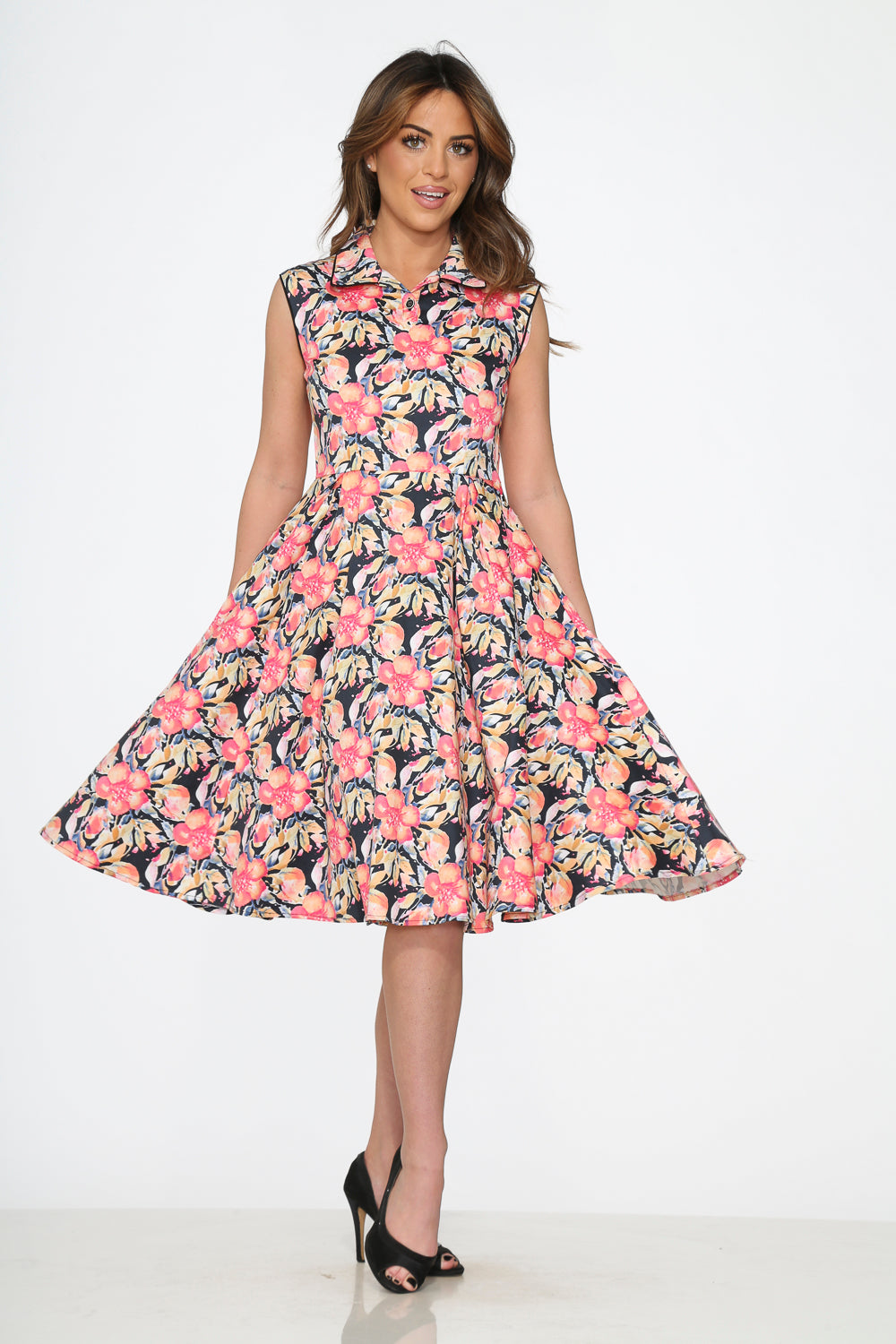 21270 Pink Floral Swing Dress