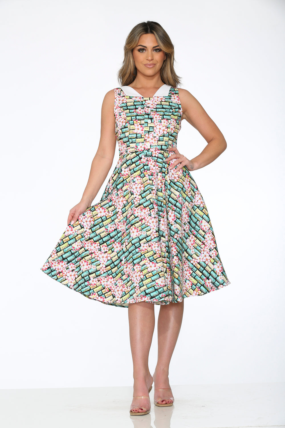 21280 Green with Pink Floral Swing Dress