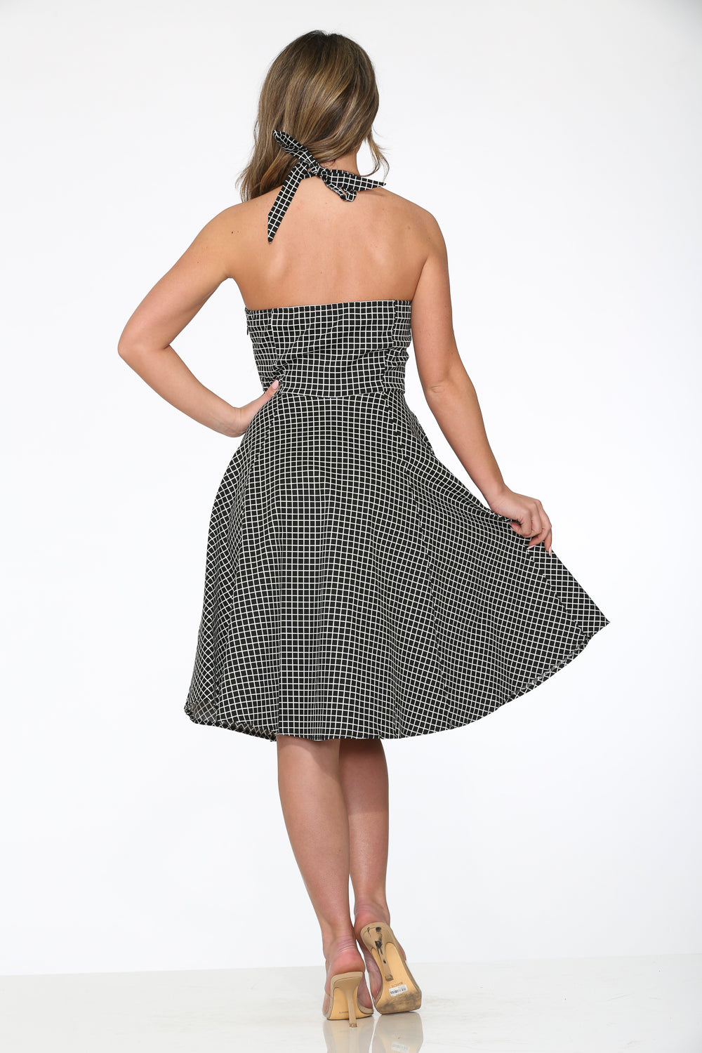 21960 Black White Check Line Halter Dress